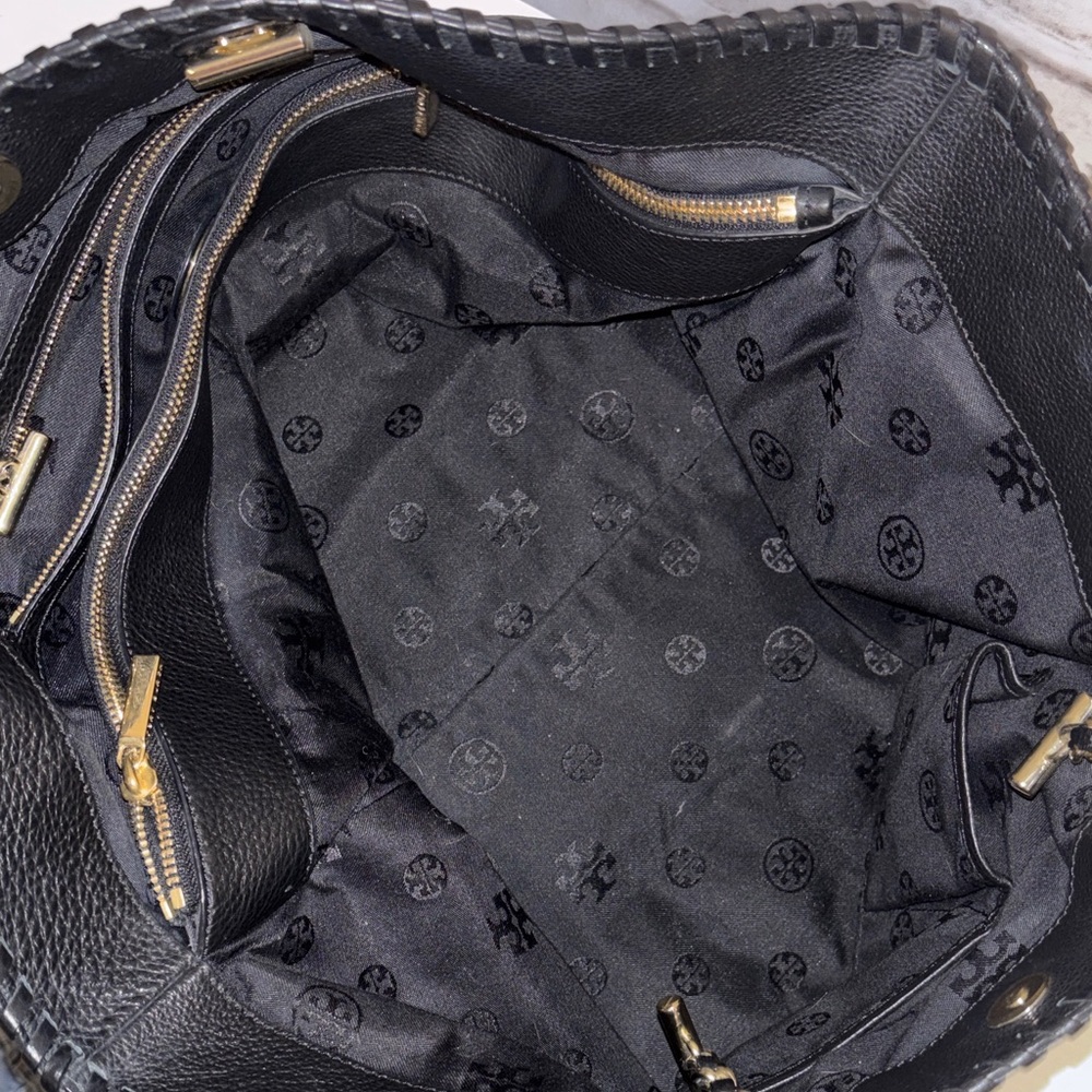 LIKE NEW Tory Burch Black Pebbled Leather Tote with Gold Chain - Picture 8 of 15
